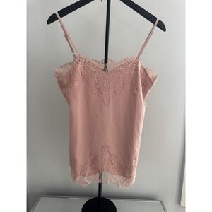 Womens Sz M Blush Pink Lace Trim Camisole Tank Spaghetti Strap Coquette Romantic